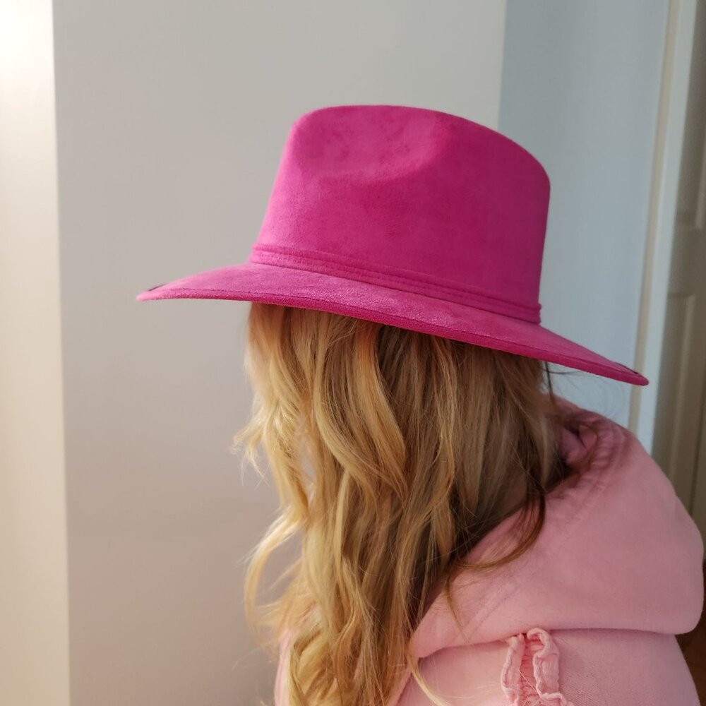 Fuschia Pink Suede Wide-Brim Rancher Fedora Hat Festival Boho Rodeo Western - Picture 7 of 7